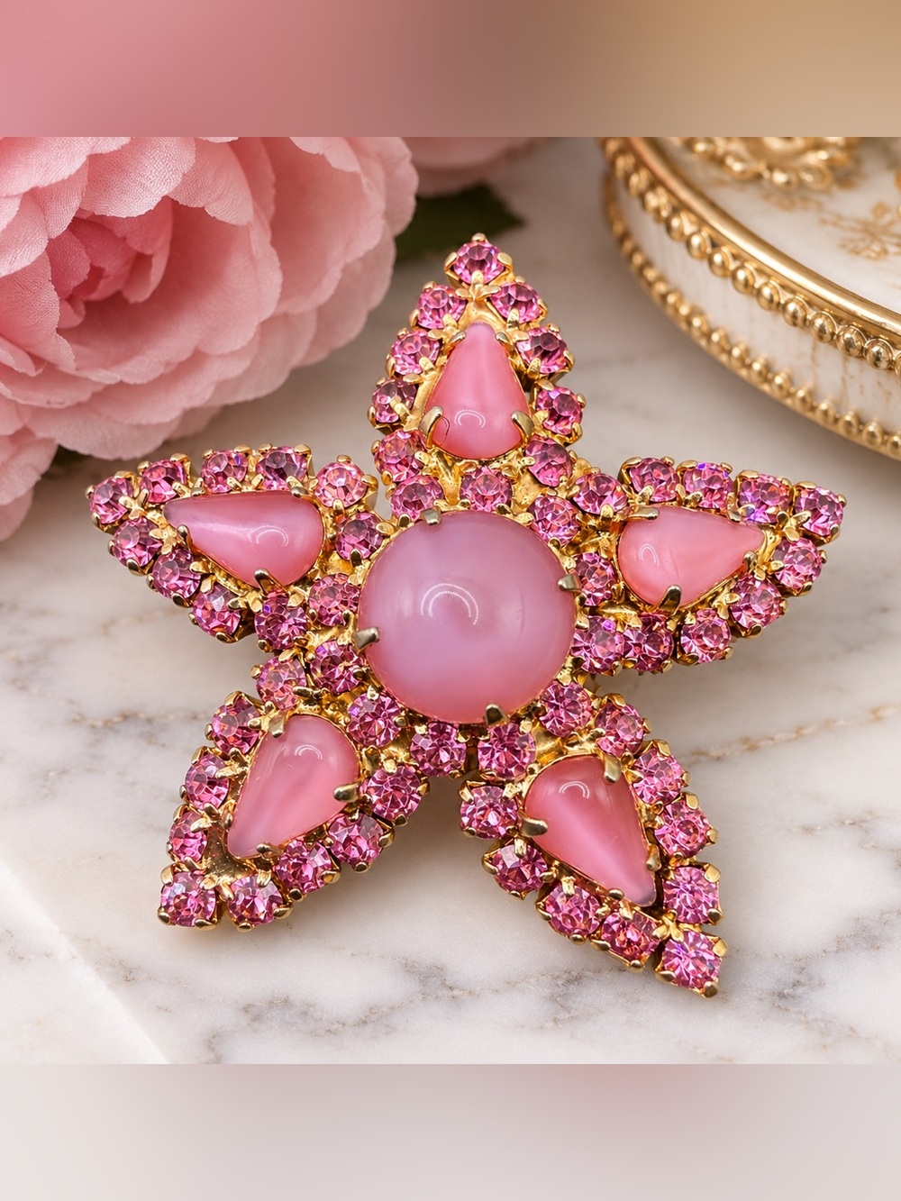 Vintage Pink Rhinestone & Cabochon Starburst Statement Brooch